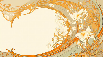 A delicate floral design in art nouveau style, featuring white blossoms on a beige background, with intricate, swirling orange lines.