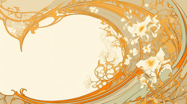 A delicate floral design in art nouveau style, featuring white blossoms on a beige background, with intricate, swirling orange lines.