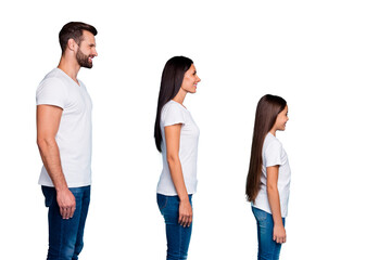 Fototapeta premium Profile side photo of charming people standing isolated wearing white t-shirt denim jeans over blue background