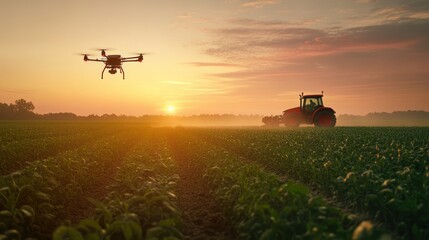 Fototapeta premium A drone monitors crops at sunset near a tractor in a field.