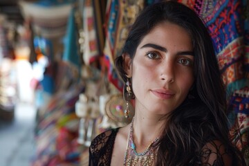 Obraz premium Cultural heritage portrait of a person among vibrant turkish textiles and crafts AI