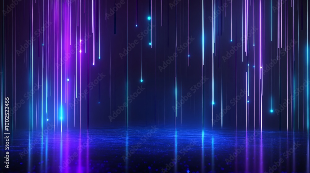 Poster vibrant digital background with glowing vertical lines in blue and purple tones, perfect for creatin
