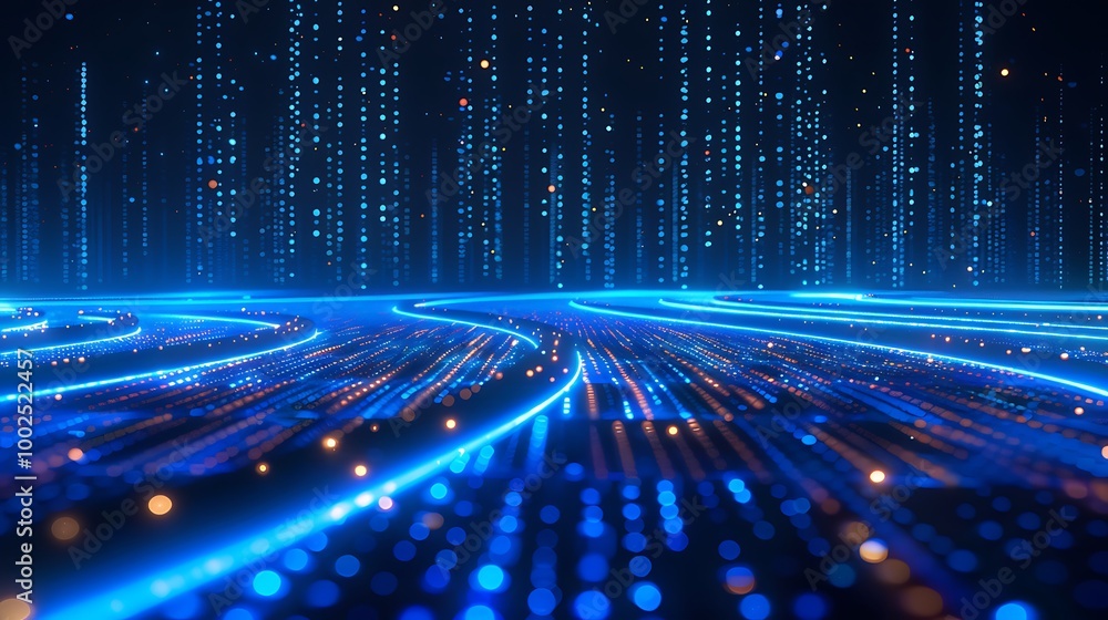 Poster vibrant digital data streams in blue light, creating a dynamic and futuristic atmosphere.