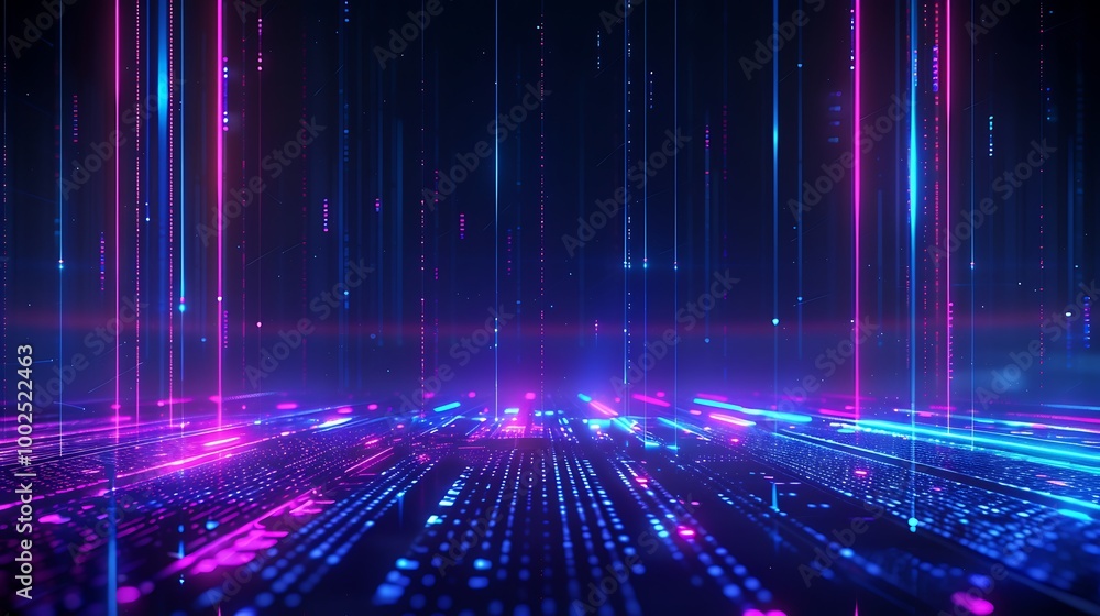 Poster vibrant digital data visualization with pink and blue glowing lines and patterns on a dark backgroun