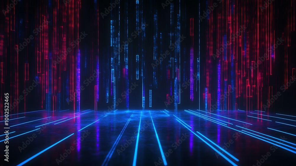 Poster vibrant digital background with neon lines and binary code, ideal for modern tech and futuristic the