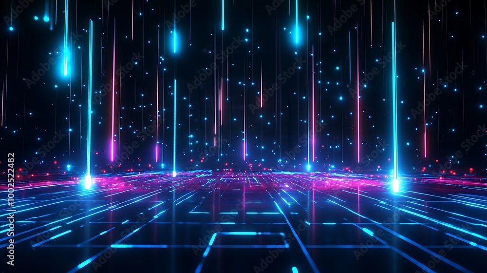Poster vibrant digital landscape with glowing lines and particles in a futuristic style, creating a sense o