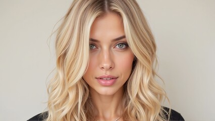 Naklejka premium Stunning young blonde woman with wavy hair in a close-up portrait against a light background - concept