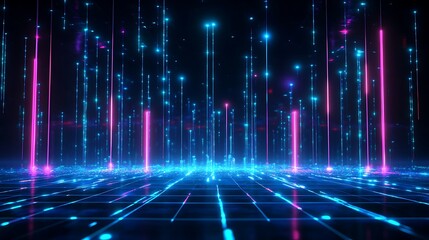 Vibrant digital landscape, neon lights and grids, abstract futuristic design.