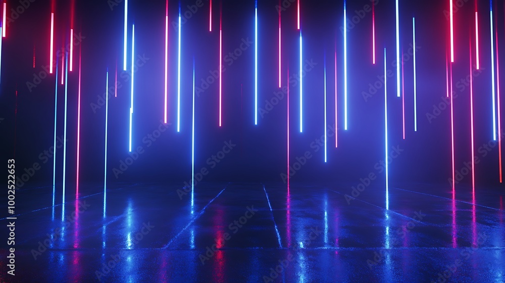 Poster vibrant illuminated lines create a dynamic visual effect on a reflective surface, ideal for modern d
