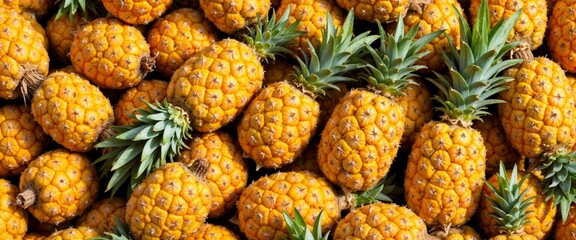 Fototapeta premium Vibrant background of fresh pineapples with green leaves - concept 