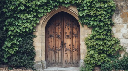 Historic castle or building doors with overgrown vines. Isolated architectural elements and exteriors. Doorways and entryways adorned with creeping plants.
