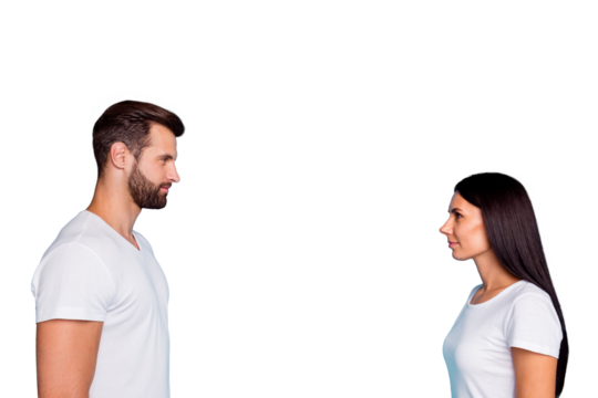 Profile photo of nice pair look eyes keeping silence wear casual outfit isolated blue background