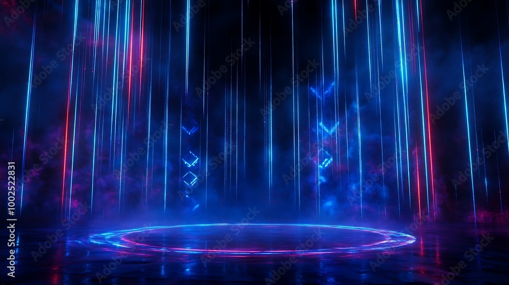 Poster vibrant neon light beams create a futuristic and mesmerizing atmosphere with a circular glow in the 