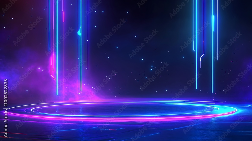 Poster vibrant neon light beams create a dynamic backdrop with cosmic elements, ideal for futuristic design