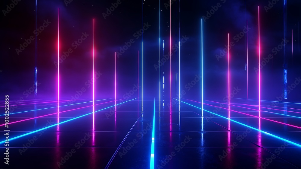 Poster vibrant neon light beams create a stunning abstract background with colorful mist and reflections on