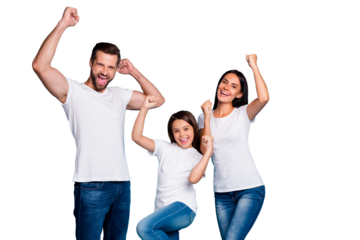 Portrait of cheerful family having brunette hair raising fists screaming yeah celebrating victory wearing white t-shirt denim jeans isolated over blue background