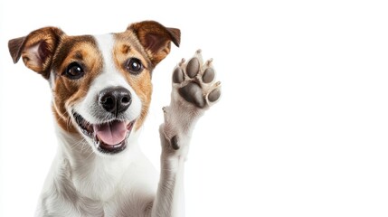 Happy, isolated dog gives a high five with copy space available.