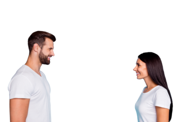 Photo of nice pair look eyes glad finally meeting wear casual outfit isolated blue background