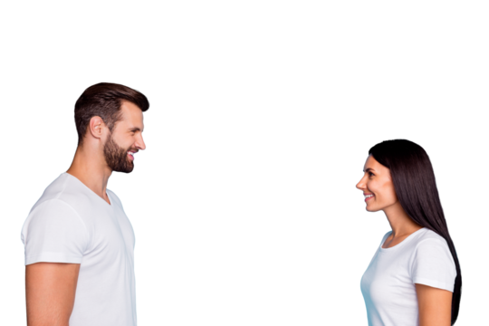 Photo of nice pair look eyes glad finally meeting wear casual outfit isolated blue background