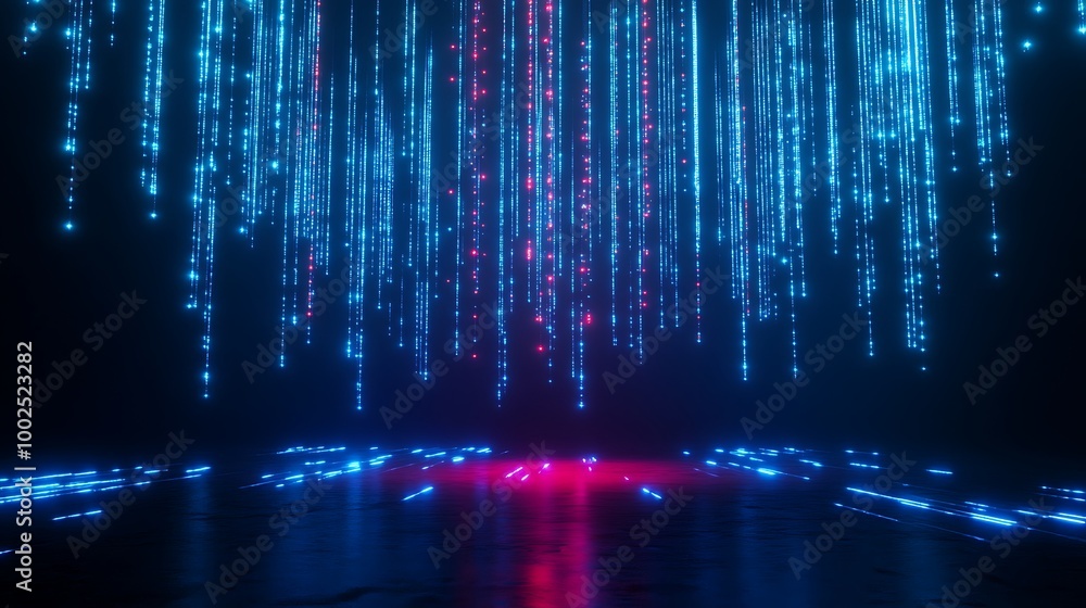 Poster vibrant neon light display with cascading digital colors creating a stunning visual effect in a dark