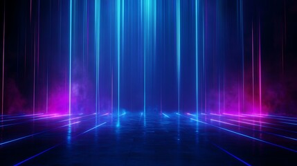 Vibrant neon light beams in blue and pink, creating a futuristic atmosphere with a reflective surface.