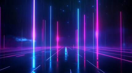 Fototapeta premium Vibrant neon light beams in various colors creating a futuristic digital landscape on a dark background.