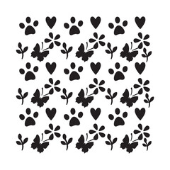 Fototapeta premium set of silhouettes of butterflies and cat foot prints pattern.