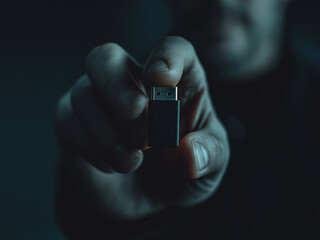  a man holding USB drive in one hand