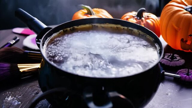 Horizontal Halloween video, cauldron with boiling purple magic potion and web