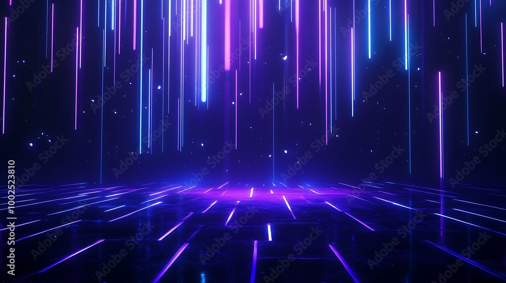 Poster vibrant neon lights cascade in vertical lines against a dark backdrop, creating a futuristic atmosph
