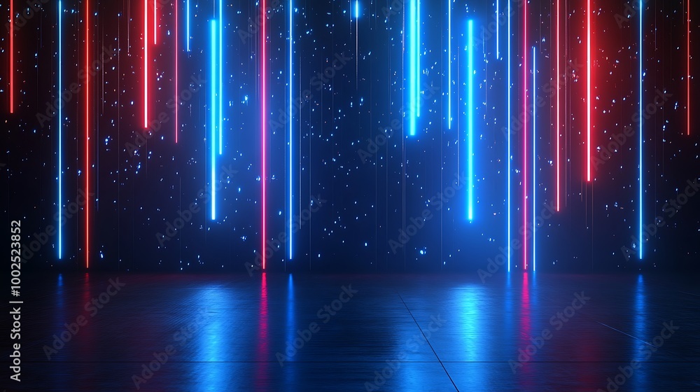 Poster vibrant neon lights cascading in red and blue against a dark background, creating a dynamic and futu