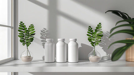 Three white bottles with lids are arranged on a white shelf with two potted plants on either side.