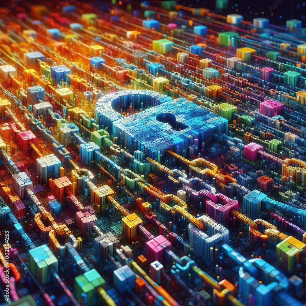 Poster a vibrant abstract illustration depicting a digital grid with a central lock symbol, symbolizing cyb