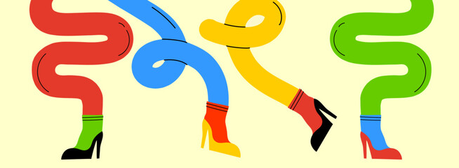 Groovy hippie set of colorful curved funny twisted intertwined legs in different poses. Hand drawn vector colored trendy illustration. Flat design