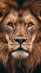 Naklejka premium Majestic Lion Close-Up Portrait of a Wild Cat with a Lush, Textured Mane in the Wild