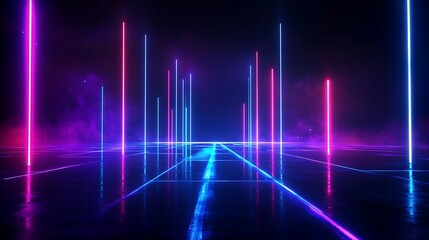 Vibrant neon lights create a futuristic atmosphere with colorful reflections on the glossy surface.
