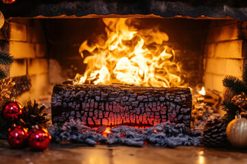 Large yule log burning brightly in a brick fireplace decorated for christmas