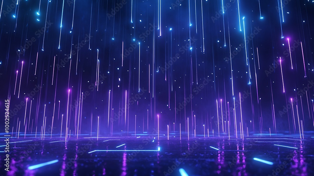 Poster vibrant neon lights create a mesmerizing atmosphere with colorful rain-like patterns on a reflective