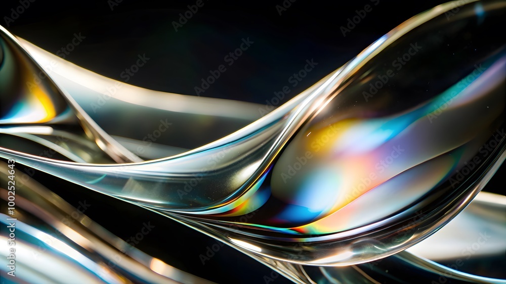 Poster macro of transparent iridescent glass curved stripe with extreme depth of field. modern abstract bac