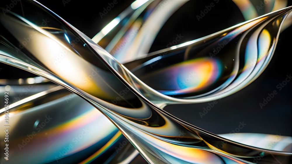 Poster macro of transparent iridescent glass curved stripe with extreme depth of field. modern abstract bac