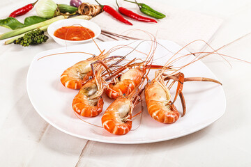 Boiled tiger prawn with sauce