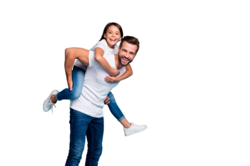 Portrait of cheerful people laughing piggyback wearing white t-shirt denim jeans isolated over blue background