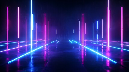 Fototapeta premium Vibrant neon lights create a mesmerizing pathway in a dark environment, perfect for showcasing modern design concepts.