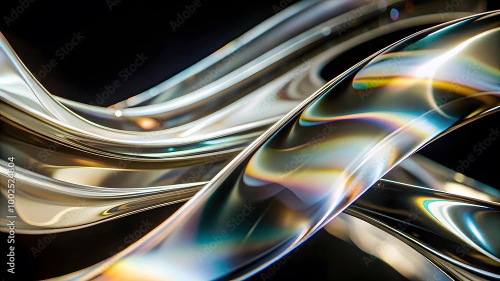 Poster macro of transparent iridescent glass curved stripe with extreme depth of field. modern abstract bac
