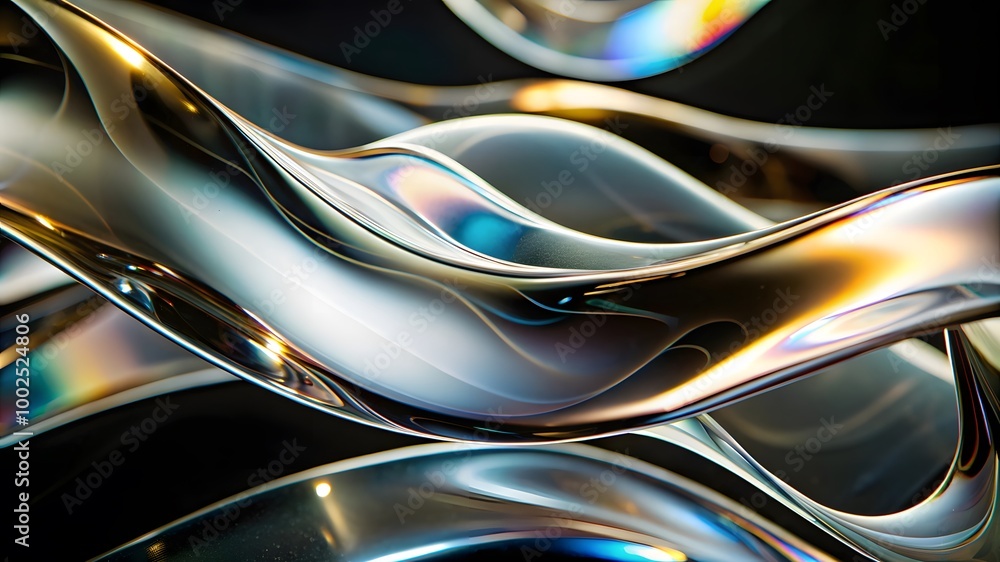 Poster macro of transparent iridescent glass curved stripe with extreme depth of field. modern abstract bac