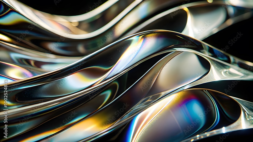 Poster macro of transparent iridescent glass curved stripe with extreme depth of field. modern abstract bac