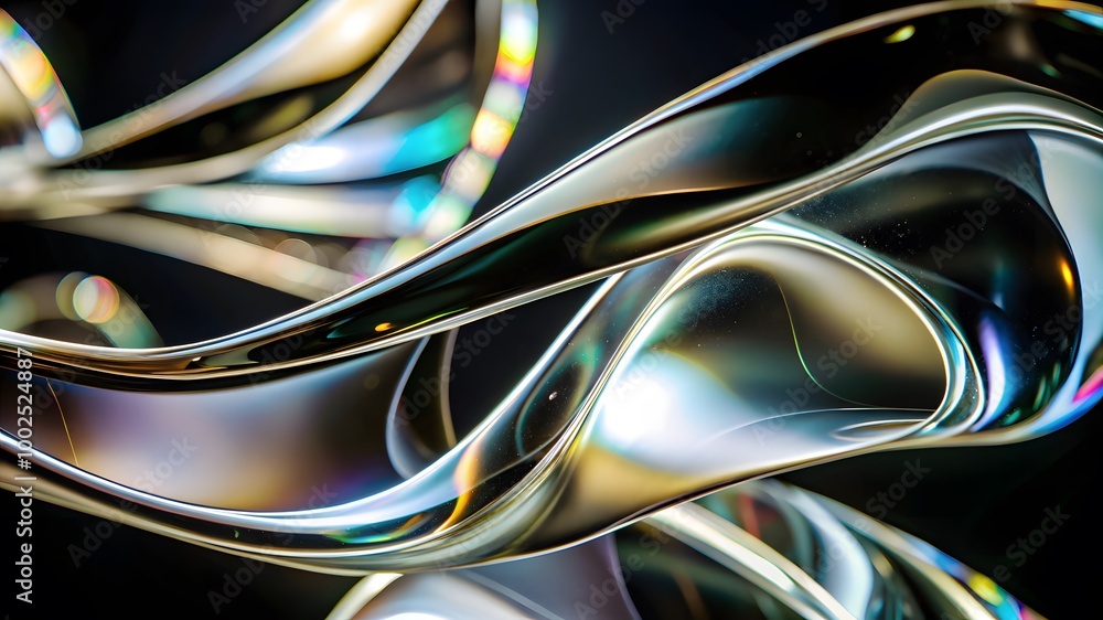 Poster macro of transparent iridescent glass curved stripe with extreme depth of field. modern abstract bac