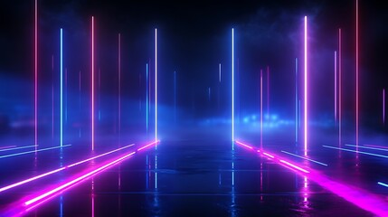 Fototapeta premium Vibrant neon lights creating a futuristic atmosphere, glowing vertical lines amidst a smoky background.