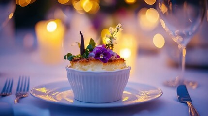 a dessert on a plate with candles in the background