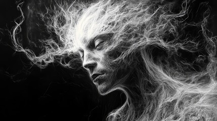 Abstract illustration of a mystical figure formed by dynamic white smoke patterns on a black background